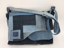 Load image into Gallery viewer, upcycled denim bag
denim crossbody purse
patchwork denim bag
blue jean purse
sustainable fashion bag
eco friendly handbag
handmade denim bag
casual crossbody bag
recycled denim purse
boho denim bag
