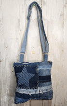 Load image into Gallery viewer, upcycled denim bag
denim crossbody bag
recycled jean purse
handmade denim handbag
patchwork denim bag
eco friendly purse
sustainable fashion accessory
denim star purse
artisan denim bag
one of a kind handbag
