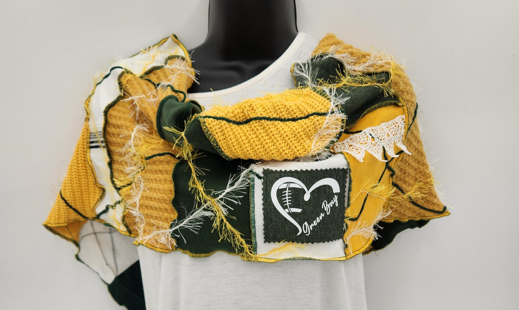 packer scarf, green bay packers apparel, women's shawl, upcycled scarf, re-purposed scarf, boutique green bay, nfl 2025