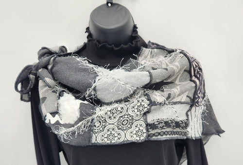 women’s fashion scarf

layered textured scarf

button detail scarf

winter fashion accessories

unique artistic scarf

cozy fall scarf

statement scarf for women

boutique style scarf

boho chic scarf