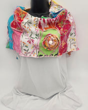 Load image into Gallery viewer, upcycled summer scarf, re-purposed, handmade scarf, made in the usa, josie t. designs, summer shawl, couture trend, eco-conscious, handmade textile jewelry, sustainable fashion, upcycled fabric bib, artsy wearable art, 
