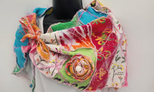 Load image into Gallery viewer, upcycled summer scarf, re-purposed, handmade scarf, made in the usa, josie t. designs, summer shawl, couture trend, eco-conscious, handmade textile jewelry, sustainable fashion, upcycled fabric bib, artsy wearable art, 
