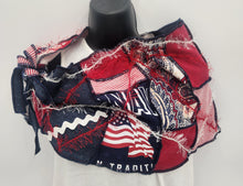 Load image into Gallery viewer, upcycled summer scarf, re-purposed, handmade scarf, made in the usa, josie t. designs, summer shawl, couture trend, eco-conscious, handmade textile jewelry, sustainable fashion, upcycled fabric bib, artsy wearable art, 
