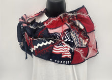 Load image into Gallery viewer, upcycled summer scarf, re-purposed, handmade scarf, made in the usa, josie t. designs, summer shawl, couture trend, eco-conscious, handmade textile jewelry, sustainable fashion, upcycled fabric bib, artsy wearable art, 
