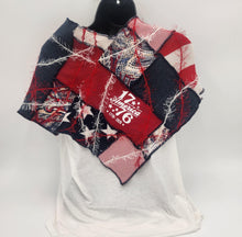 Load image into Gallery viewer, upcycled summer scarf, re-purposed, handmade scarf, made in the usa, josie t. designs, summer shawl, couture trend, eco-conscious, handmade textile jewelry, sustainable fashion, upcycled fabric bib, artsy wearable art, 
