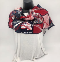 Load image into Gallery viewer, upcycled summer scarf, re-purposed, handmade scarf, made in the usa, josie t. designs, summer shawl, couture trend, eco-conscious, handmade textile jewelry, sustainable fashion, upcycled fabric bib, artsy wearable art, 
