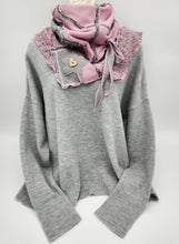 Load image into Gallery viewer, upcycled scarf, swag scarf, sweater scarf, cowl neck scarf, handmade scarf, couture trend, eco-conscious
