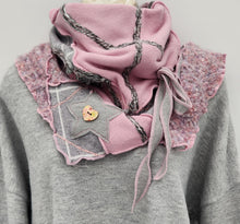 Load image into Gallery viewer, upcycled scarf, swag scarf, sweater scarf, cowl neck scarf, handmade scarf, couture trend, eco-conscious
