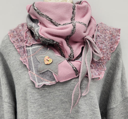 upcycled scarf, swag scarf, sweater scarf, cowl neck scarf, handmade scarf, couture trend, eco-conscious