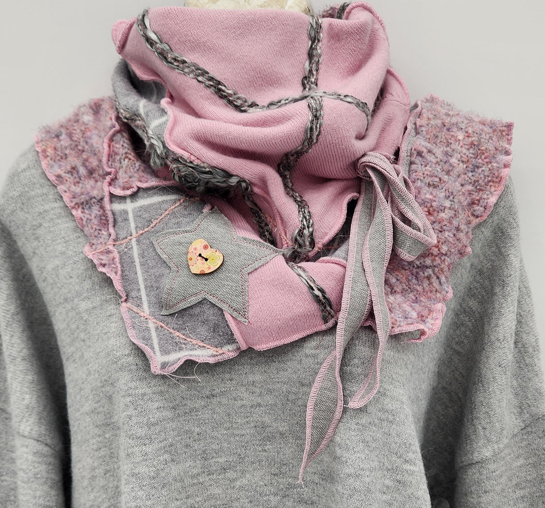 upcycled scarf, swag scarf, sweater scarf, cowl neck scarf, handmade scarf, couture trend, eco-conscious