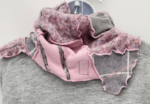 Load image into Gallery viewer, upcycled scarf, swag scarf, sweater scarf, cowl neck scarf, handmade scarf, couture trend, eco-conscious
