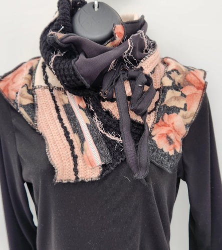 upcycled scarf, swag scarf, sweater scarf, cowl neck scarf, handmade scarf, couture trend, eco-conscious, josie t. designs

