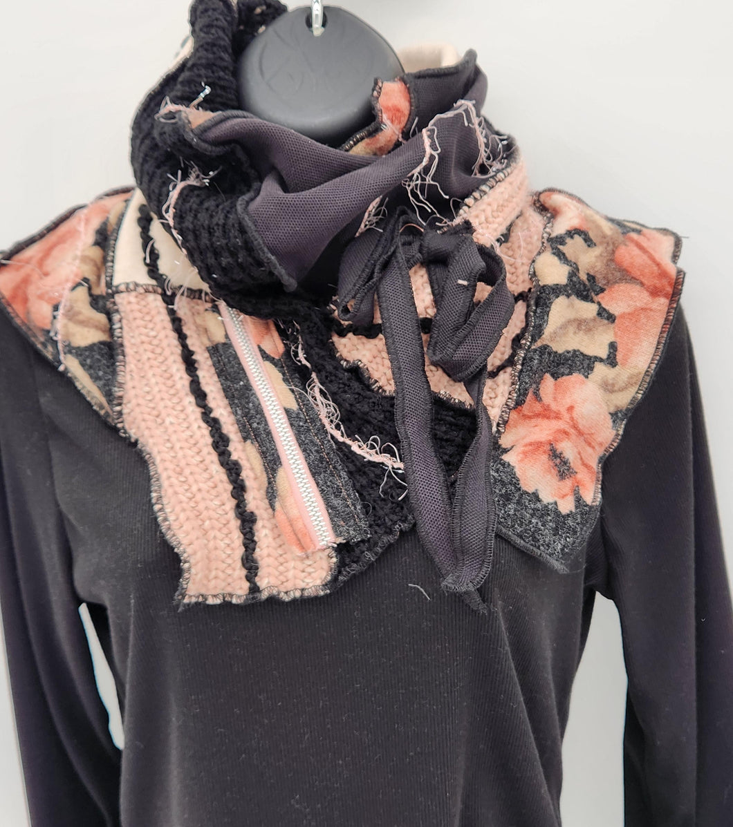 upcycled scarf, swag scarf, sweater scarf, cowl neck scarf, handmade scarf, couture trend, eco-conscious, josie t. designs
