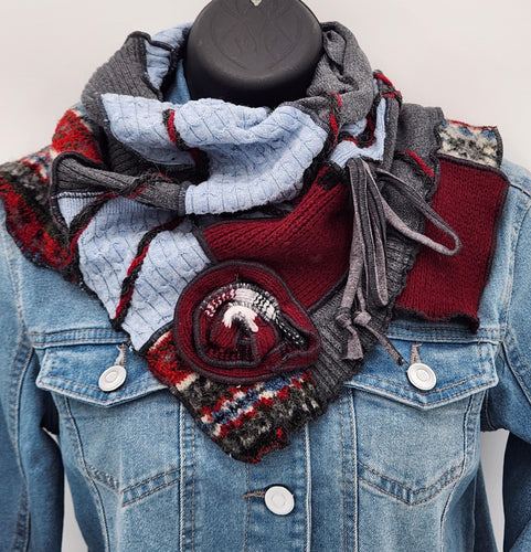 upcycled scarf, swag scarf, sweater scarf, cowl neck scarf, handmade scarf, couture trend, eco-conscious, josie t. designs