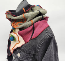 Load image into Gallery viewer, upcycled scarf, swag scarf, sweater scarf, cowl neck scarf, handmade scarf, couture trend, eco-conscious, josie t. designs
