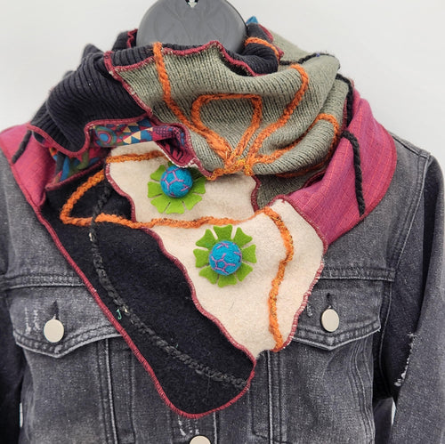 upcycled scarf, swag scarf, sweater scarf, cowl neck scarf, handmade scarf, couture trend, eco-conscious, josie t. designs