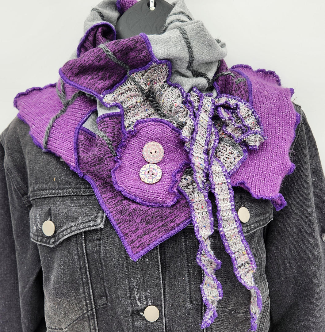 upcycled scarf, swag scarf, sweater scarf, cowl neck scarf, handmade scarf, couture trend, eco-conscious, josie t. designs