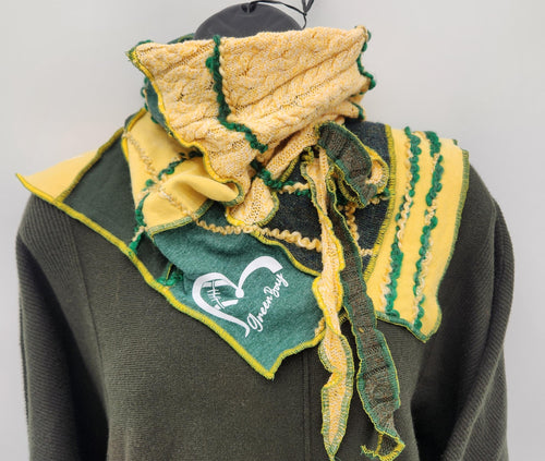 packer scarf, packer apparel, upcycled sweater scarf, re-purposed, cowl neck scarf