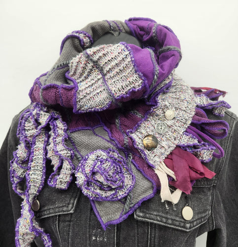 upcycled scarf, swag scarf, sweater scarf, cowl neck scarf, handmade scarf, couture trend, eco-conscious, josie t. designs