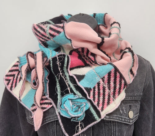 upcycled scarf, swag scarf, sweater scarf, cowl neck scarf, handmade scarf, couture trend, eco-conscious, josie t. designs