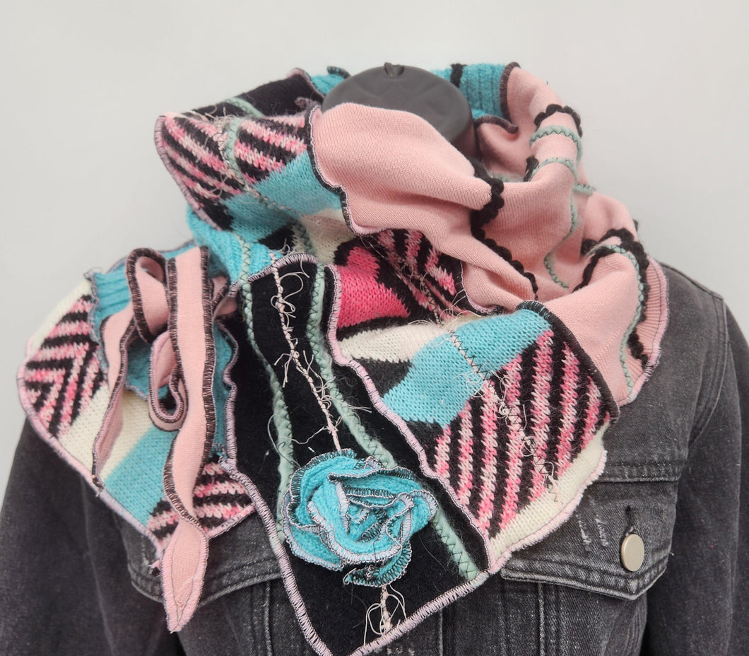 upcycled scarf, swag scarf, sweater scarf, cowl neck scarf, handmade scarf, couture trend, eco-conscious, josie t. designs