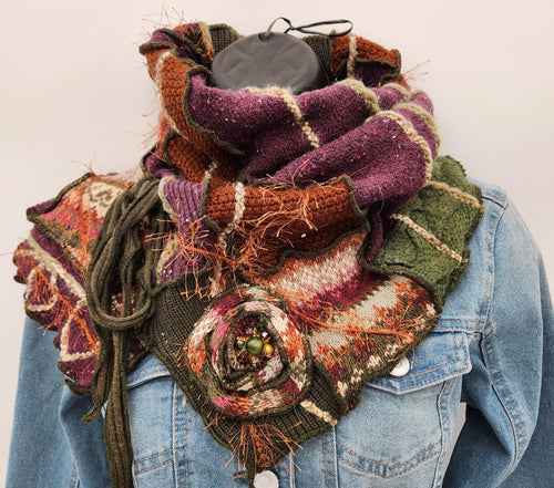 upcycled scarf, sweater scarf, infinity scarf, handmade scarf, couture trend, eco-conscious, re-cycled, re-purposed scarf, josie t. designs
