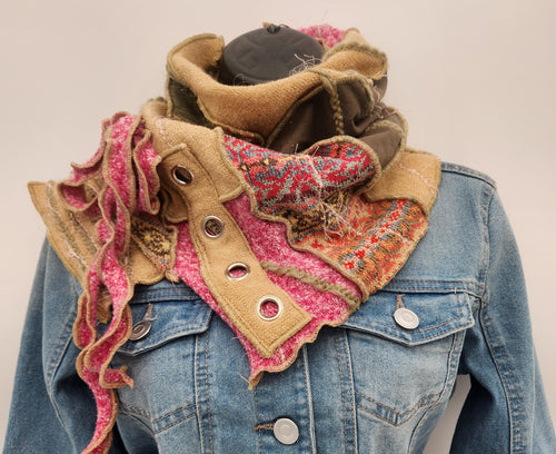 upcycled scarf, swag scarf, sweater scarf, cowl neck scarf, handmade scarf, couture trend, eco-conscious, josie t. designs