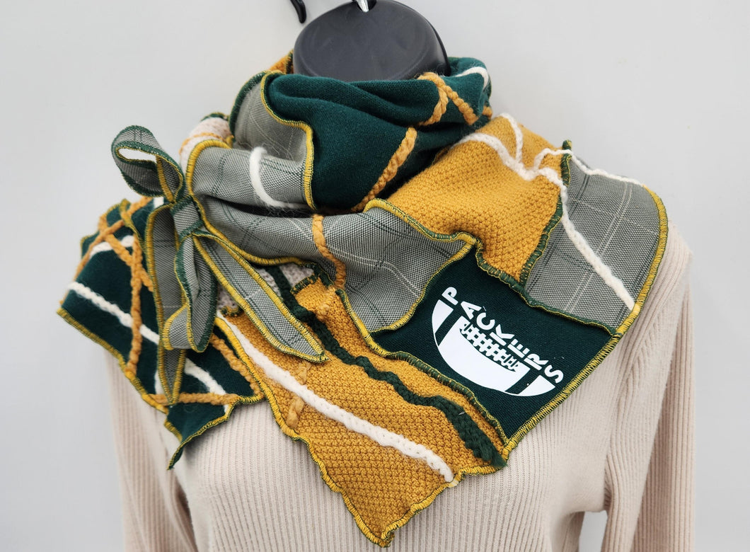 packers scarf, upcycled green bay packers scarf, re-purposed, packer apparel, handmade scarf