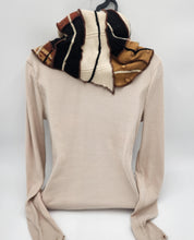 Load image into Gallery viewer, upcycled scarf, swag scarf, sweater scarf, cowl neck scarf, handmade scarf, couture trend, eco-conscious, josie t. designs, reclaimed textiles, repurposed textiles, repurposed fabric projects, DIY upcycled scarf, re-purposed fabric projects, textile art scarf

