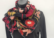 Load image into Gallery viewer, upcycled scarf, swag scarf, sweater scarf, cowl neck scarf, handmade scarf, couture trend, eco-conscious, josie t. designs, reclaimed textiles, repurposed textiles, repurposed fabric projects, DIY upcycled scarf, re-purposed fabric projects, textile art scarf

