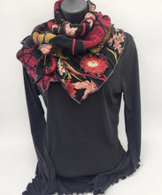 Load image into Gallery viewer, upcycled scarf, swag scarf, sweater scarf, cowl neck scarf, handmade scarf, couture trend, eco-conscious, josie t. designs, reclaimed textiles, repurposed textiles, repurposed fabric projects, DIY upcycled scarf, re-purposed fabric projects, textile art scarf

