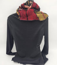 Load image into Gallery viewer, upcycled scarf, swag scarf, sweater scarf, cowl neck scarf, handmade scarf, couture trend, eco-conscious, josie t. designs, reclaimed textiles, repurposed textiles, repurposed fabric projects, DIY upcycled scarf, re-purposed fabric projects, textile art scarf

