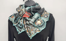 Load image into Gallery viewer, upcycled scarf, swag scarf, sweater scarf, cowl neck scarf, handmade scarf, couture trend, eco-conscious, josie t. designs, reclaimed textiles, repurposed textiles, repurposed fabric projects, DIY upcycled scarf, re-purposed fabric projects, textile art scarf

