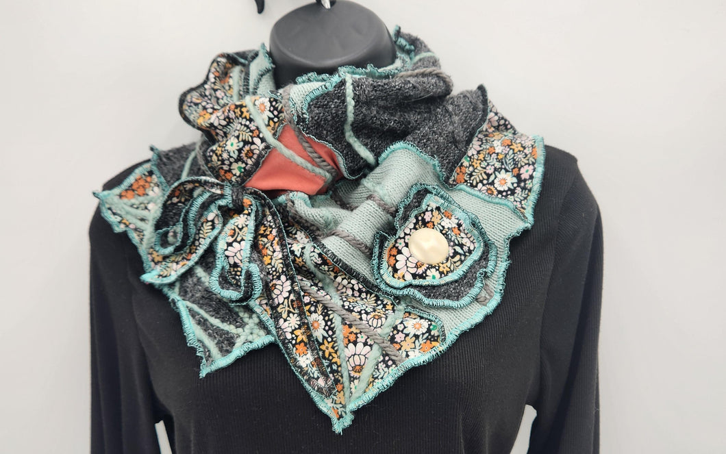 upcycled scarf, swag scarf, sweater scarf, cowl neck scarf, handmade scarf, couture trend, eco-conscious, josie t. designs, reclaimed textiles, repurposed textiles, repurposed fabric projects, DIY upcycled scarf, re-purposed fabric projects, textile art scarf
