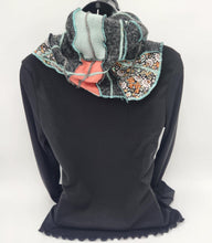 Load image into Gallery viewer, upcycled scarf, swag scarf, sweater scarf, cowl neck scarf, handmade scarf, couture trend, eco-conscious, josie t. designs, reclaimed textiles, repurposed textiles, repurposed fabric projects, DIY upcycled scarf, re-purposed fabric projects, textile art scarf

