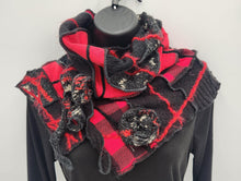 Load image into Gallery viewer, upcycled scarf, swag scarf, sweater scarf, cowl neck scarf, handmade scarf, couture trend, eco-conscious, josie t. designs, reclaimed textiles, repurposed textiles, repurposed fabric projects, DIY upcycled scarf, re-purposed fabric projects, textile art scarf
