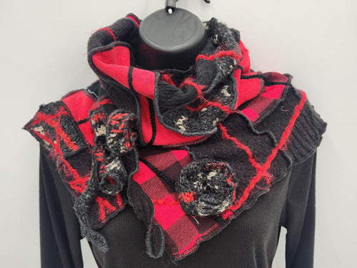 upcycled scarf, swag scarf, sweater scarf, cowl neck scarf, handmade scarf, couture trend, eco-conscious, josie t. designs, reclaimed textiles, repurposed textiles, repurposed fabric projects, DIY upcycled scarf, re-purposed fabric projects, textile art scarf