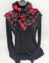 Load image into Gallery viewer, upcycled scarf, swag scarf, sweater scarf, cowl neck scarf, handmade scarf, couture trend, eco-conscious, josie t. designs, reclaimed textiles, repurposed textiles, repurposed fabric projects, DIY upcycled scarf, re-purposed fabric projects, textile art scarf
