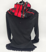 Load image into Gallery viewer, upcycled scarf, swag scarf, sweater scarf, cowl neck scarf, handmade scarf, couture trend, eco-conscious, josie t. designs, reclaimed textiles, repurposed textiles, repurposed fabric projects, DIY upcycled scarf, re-purposed fabric projects, textile art scarf
