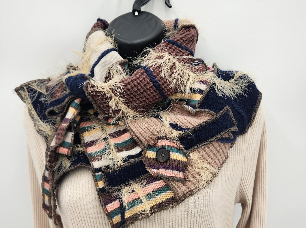 upcycled scarf, swag scarf, sweater scarf, cowl neck scarf, handmade scarf, couture trend, eco-conscious, josie t. designs, reclaimed textiles, repurposed textiles, repurposed fabric projects, DIY upcycled scarf, re-purposed fabric projects, textile art scarf