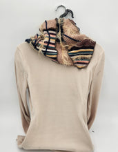 Load image into Gallery viewer, upcycled scarf, swag scarf, sweater scarf, cowl neck scarf, handmade scarf, couture trend, eco-conscious, josie t. designs, reclaimed textiles, repurposed textiles, repurposed fabric projects, DIY upcycled scarf, re-purposed fabric projects, textile art scarf

