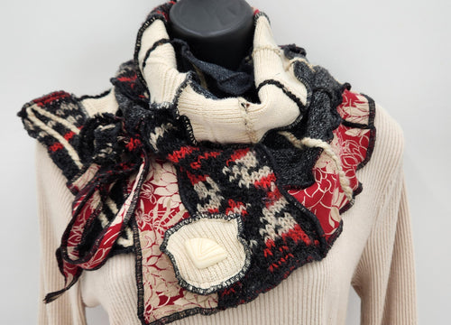 upcycled scarf, swag scarf, sweater scarf, cowl neck scarf, handmade scarf, couture trend, eco-conscious, josie t. designs, reclaimed textiles, repurposed textiles, repurposed fabric projects, DIY upcycled scarf, re-purposed fabric projects, textile art scarf