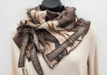 Load image into Gallery viewer, upcycled scarf, swag scarf, sweater scarf, cowl neck scarf, handmade scarf, couture trend, eco-conscious, josie t. designs, reclaimed textiles, repurposed textiles, repurposed fabric projects, DIY upcycled scarf, re-purposed fabric projects, textile art scarf
