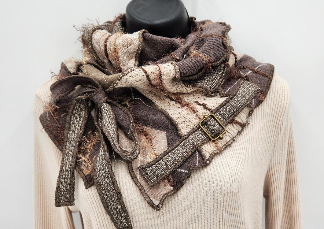upcycled scarf, swag scarf, sweater scarf, cowl neck scarf, handmade scarf, couture trend, eco-conscious, josie t. designs, reclaimed textiles, repurposed textiles, repurposed fabric projects, DIY upcycled scarf, re-purposed fabric projects, textile art scarf