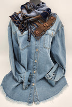 Load image into Gallery viewer, upcycled scarf, swag scarf, sweater scarf, cowl neck scarf, handmade scarf, couture trend, eco-conscious, josie t. designs, reclaimed textiles, repurposed textiles, repurposed fabric projects, DIY upcycled scarf, re-purposed fabric projects, textile art scarf
