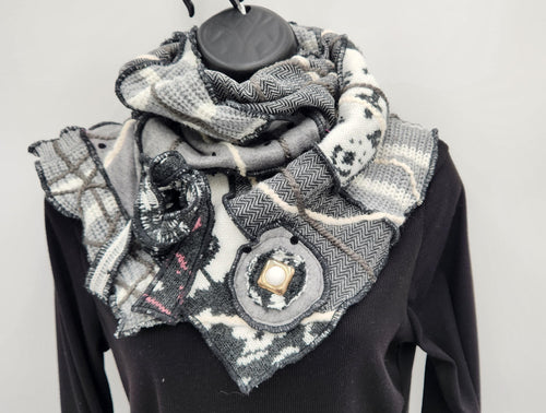 upcycled scarf, swag scarf, sweater scarf, cowl neck scarf, handmade scarf, couture trend, eco-conscious, josie t. designs, reclaimed textiles, repurposed textiles, repurposed fabric projects, DIY upcycled scarf, re-purposed fabric projects, textile art scarf