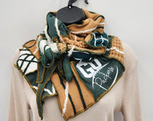 Load image into Gallery viewer, green bay packer scarf, women&#39;s apparel, packer apparel green bay, handmade scarf, upcycled, repurposed scarf, eco-friendly,
