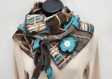 Load image into Gallery viewer, upcycled scarf, swag scarf, sweater scarf, cowl neck scarf, handmade scarf, couture trend, eco-conscious, josie t. designs, reclaimed textiles, repurposed textiles, repurposed fabric projects, DIY upcycled scarf, re-purposed fabric projects, textile art scarf


