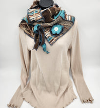 Load image into Gallery viewer, upcycled scarf, swag scarf, sweater scarf, cowl neck scarf, handmade scarf, couture trend, eco-conscious, josie t. designs, reclaimed textiles, repurposed textiles, repurposed fabric projects, DIY upcycled scarf, re-purposed fabric projects, textile art scarf

