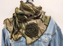 Load image into Gallery viewer, upcycled scarf, swag scarf, sweater scarf, cowl neck scarf, handmade scarf, couture trend, eco-conscious, josie t. designs, reclaimed textiles, repurposed textiles, repurposed fabric projects, DIY upcycled scarf, re-purposed fabric projects, textile art scarf

